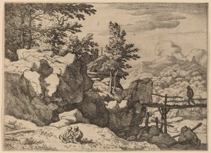 Mann auf einer kleinen Holzbrücke, wahrscheinlich ca. 1645-1656