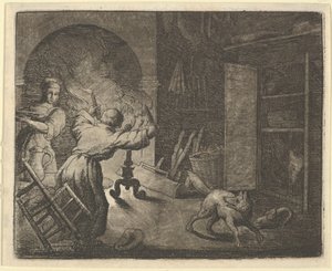 Renard entkommt mit einem Huhn, das er vom Tisch eines Geistlichen gestohlen hat, 1650-75