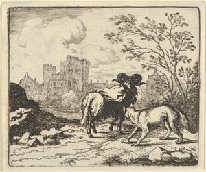 Renard schickt den Widder mit einem Paket, das den Kopf des Kaninchens enthält, zum Löwen zurück, 1650-75
