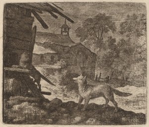 Die Katze betritt die Scheune, während Reynard zusieht von Allart van Everdingen
