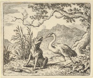 Der Storch entfernt einen Knochen aus dem Hals des Wolfs aus Hendrick van Alcmars Renard, 1650-75