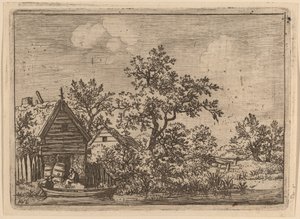 Zwei Fässer vor einem Cottage von Allart van Everdingen