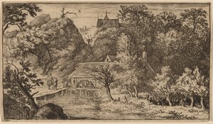 Wassermühle am Fuße eines Berges, wahrscheinlich ca. 1645-1656