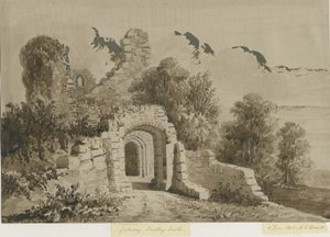 Dudley Castle - Das Tor: Rot-Sepia-Waschzeichnung von Allen Edward Everitt