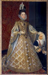 Ganzkörperporträt der Infantin von Spanien Isabelle Clara Eugenie von Habsburg, Herrscherin der Niederlande, und Magdalena Ruiz von Alonso Sánchez Coello