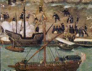 Die Stadt Sevilla, Detail des Hafens (Ende 16. Jahrhundert) von Alonso Sánchez Coello