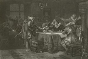 Henry Hudson erhält seinen Auftrag von der Niederländischen Ostindien-Kompanie, 1609 von Alonzo Chappel