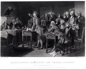 Patrick Henry spricht vor der Virginia Assembly, März 1775, graviert von Henry Bryan Hall (1808-84), 1856 von Alonzo Chappel