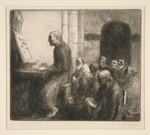Mönch spielt Orgel in der Kirche