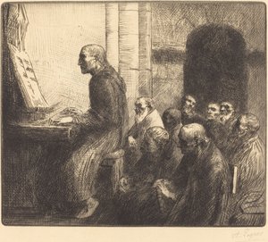 Mönch spielt Orgel in der Kirche