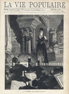Ein Sänger, auf der Bühne, blickt dem Orchester im Graben entgegen, den Musikern und dem Dirigenten in voller Aufführung. Illustration von Alfons Maria Mucha