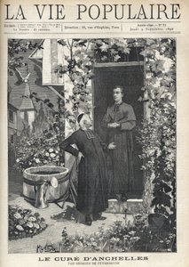 Am Eingang des Pfarrhauses wird eine Behandlung an eine jüngere Person gerichtet. Der Garten ist sehr blühend, ausgestattet mit einem Tank und einer Gießkanne, im Hintergrund sieht man den Kirchturm des Dorfes. Illustration von Alfons Maria Mucha (Alphonse