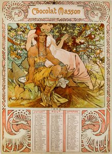 Schokoladenkalender von Masson, illustriert von Mucha (1860–1939), einem tschechischen Jugendstilmaler