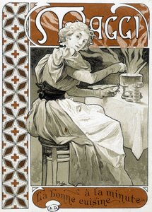 Junge Frau kocht auf einem Gasherd - Werbung Maggi „gutes Essen in Minuten“, von Mucha, ca. 1890