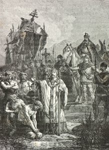 Karl der Große zwingt 804 die Sachsen zur christlichen Taufe (Gravur)