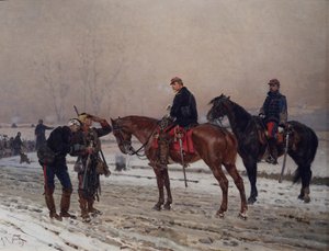 General befragt eine mobile Wache, die einen verletzten Offizier unterstützt, Dezember 1870