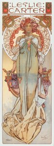 Werbeillustration von Alphonse Mucha, die die Bühnenschauspielerin Leslie Carter in ihrem neuen Stück „Kassa“ darstellt, 1908