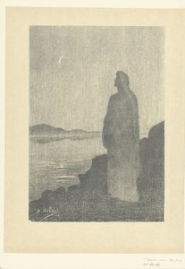 Stehende Frau am Wasser schaut auf den Mond (L