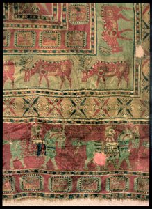 Hochflorteppich, der Pferde und Reiter, Damhirsche und Greifen darstellt, aus den Pazyryk-Grabhügeln, 5.-4. Jahrhundert v. Chr.