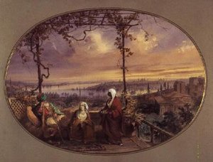Blick von der Terrasse eines Hauses in Galata, mit einem Türken, seiner Frau und einem Diener, die auf die Mündung des Goldenen Horns und den Bosporus blicken