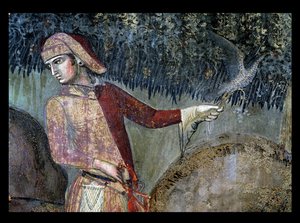 Auswirkungen der guten Regierung auf dem Land, Detail eines Falkners, 1388-40 von Ambrogio Lorenzetti