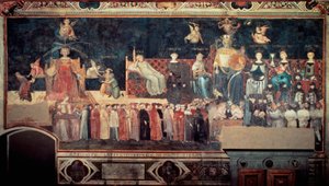 Auswirkungen guter und schlechter Regierung auf Stadt und Land (Allegoria del buon e del cattivo governo): Detail, das gute Regierung darstellt (Allegorien von Frieden, Großmut, Klugheit, Mäßigung, Gerechtigkeit). Fresko von Ambrogio Lorenzetti (1290-1348) von Ambrogio Lorenzetti