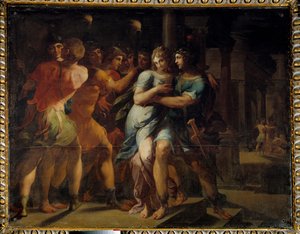 Die Entführung der Chariclea durch Theagenes, Illustration von „Die Äthiopik oder Geschichte der Liebe von Theagenes und Chariclea“ von Heliodoros