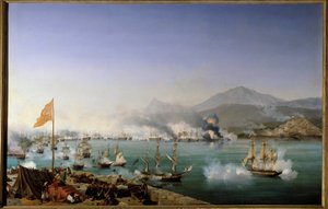 Griechischer Unabhängigkeitskrieg: „Ansicht der Seeschlacht von Navarin am 20.10.1827“ Sie fand in der Bucht von Navarin (Pylos, westlicher Peloponnes) zwischen der osmanischen Flotte und einer französisch-englisch-russischen Flotte statt. Gemälde von Ambr von Ambroise Louis Garneray