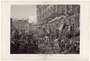 Der Herzog von Orléans wird dem Volk vom General La Fayette am Balkon des Hôtel de Ville am 31. Juli 1830 vorgestellt. von Ambroise Louis Garneray