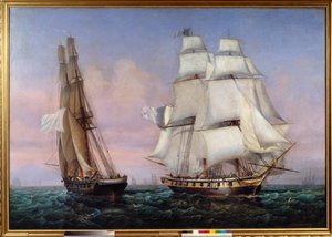 Rückkehr von der Insel Elba 28.02.1815 Napoleon I. an Bord des Schiffes „Die Unbeständige“ kreuzt den „Zephyr“ von Ambroise Louis Garneray