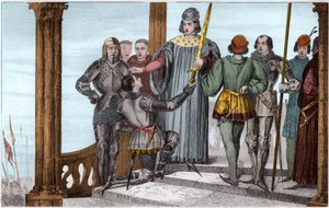 Karl V. (1358-80) der Weise überreicht sein Schwert an Duguesdin - Karl V. Le sage (1338-1380) überreicht feierlich das Schwert des Konnetabels Bertrand du Guesclin (1320-1380) - Gravur 1825 in „Histoire de France“