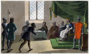 Childebert II. der Gerechte, der seinen Untertanen Gerechtigkeit widerfahren lässt (711). Gezeichnet und graviert von Ambroise Tardieu im Jahr 1825
