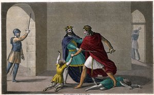 Childebert I. lässt Chlothar die Kinder ihres Bruders Chlodomir, König von Orléans, abschlachten, dessen Staaten sie teilen. Entworfen und graviert von Ambroise Tardieu im Jahr 1825 von Ambroise Tardieu