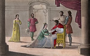 Emma von Frankreich (894-934) küsst die Knie ihres Mannes Raoul (ca. 890-936), den sie während der Gefangenschaft von Karl III. dem Einfältigen zum König wählte. Gezeichnet und graviert von Ambroise Tardieu im Jahr 1825. von Ambroise Tardieu