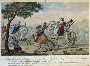 Merovee (447-458) trotzt Attila auf den Katalaunischen Feldern nahe Troyes mit Aetius und Theoderich I. Er ist der vermutliche König der Franken-Salier und gab der Merowinger-Dynastie ihren Namen. - gezeichnet und graviert von Ambroise Tardieu im Jahr 1825 von Ambroise Tardieu