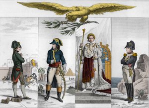 Napoleon Bonaparte (1769-1821) in vier Phasen seines Lebens - Gravur von 1825 in „Histoire de France represented by synoptic paintings dediee aux enfants de France et employee pour leur éduca“
