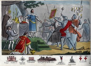 Philipp II. (1165-1223), Kapetinger König, bekannt als „Augustus“, schlägt vor, seine Krone seinen Soldaten zu geben, wenn sie in der Lage sind, sie einen Tag vor der Schlacht von Bouvines zu behalten, aber alle ziehen es vor, ihren König zu behalten. Durc von Ambroise Tardieu