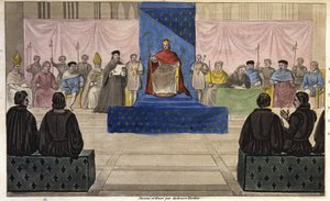 Philipp IV. versammelt im Louvre die Generalstände, bestehend aus Klerus, Adel und prominenten Bürgern oder dem dritten Stand, der erstmals 1301 zugelassen wurde - entworfen und graviert von Ambroise Tardieu im Jahr 1825.