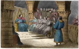Philipp V. (1294-1322) der Lange und die Generalstände lehnen die Ansprüche von Jeanne II. (Salisches Gesetz) ab - Philipp V. genannt „Le Long“ (1294-1322) - Die Generalstände, die im Louvre einberufen wurden, erklärten Philipp V. zum König und schlossen s von Ambroise Tardieu