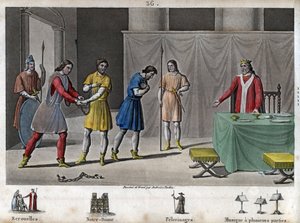 Robert II., der Fromme (970 - 1031) entlässt Verschwörer - Robert II., bekannt als „der Fromme“ (972-1031), Kapetinger-Dynastie. Er wusste, dass zwei Verschwörer zum Tode verurteilt worden waren, ließ sie kommunizieren, behandelte sie gut und entließ sie i
