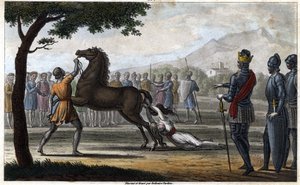 Der Tod von Königin Brunhilda von Austrasien, einer westgotischen Prinzessin, verheiratet mit König Sigebert I. von Austrasien - Tod von Brunehaut (oder Brunehilde) auf Befehl von Chlothar II. (613). Gezeichnet und graviert von Ambroise Tardieu im Jahr 182