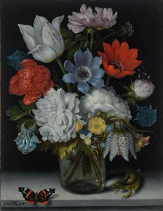 Blumen in einer Glasflasche auf einem Marmorsockel, mit einem Admiral-Schmetterling und einer Eidechse von Ambrosius Bosschaert