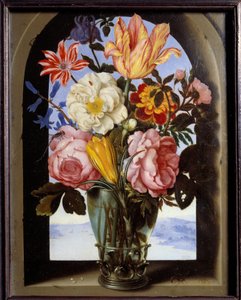 Blumenstrauß in einem steinernen Rahmen, der auf eine Landschaft öffnet von Ambrosius the Elder Bosschaert
