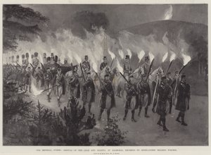 Unsere kaiserlichen Gäste, Ankunft des Zaren und der Zarin in Balmoral, eskortiert von Highlandern mit Fackeln von Amedee Forestier