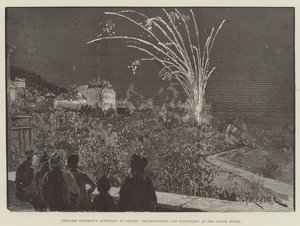 Prinzessin Beatrices Geburtstag in Grasse, Illuminationen und Feuerwerk im Grand Hotel von Amedee Forestier