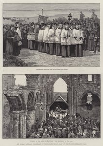 Die römisch-katholische Pilgerfahrt nach Lindisfarne, Holy Isle, an der Küste von Northumberland