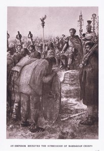Der Kaiser empfängt die Unterwerfung barbarischer Häuptlinge, Illustration aus Der römische Soldat, 1928 von Amedee Forestier