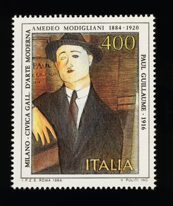 Briefmarke aus der Serie Italienische Kunst zu Ehren von Amedeo Modigliani (1884-1920), zeigt Porträt von Paul Guillaume (1916), 400-Lire-Marke von Amadeo (after) Modigliani