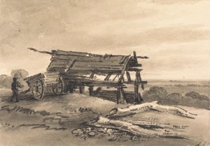 Ansicht von Harrow: mit Landarbeiter, Wagen und zerstörter Scheune von Amelia Long