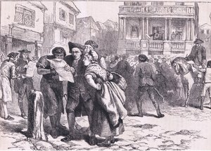 Bostoner lesen das Stempelgesetz, Illustration aus Cassells Geschichte der Vereinigten Staaten, veröffentlicht von Cassell, Petter & Galpin, ca. 1900 (Litho)
